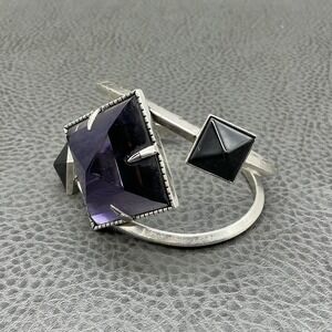 Jewelmint Geometric Cuff Bracelet Silver Tone Purple Black Pyramid Stone 7"